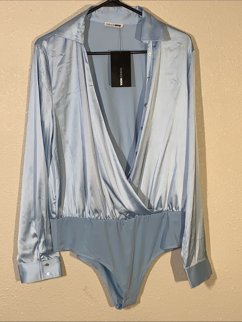 NWT Fashion Nova Light Blue Satin Plunge Wrap Long Sleeve Bodysuit